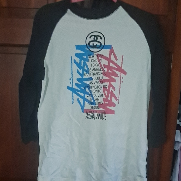 Stussy Black and White Graphic Raglan Tee - Picture 1 of 1